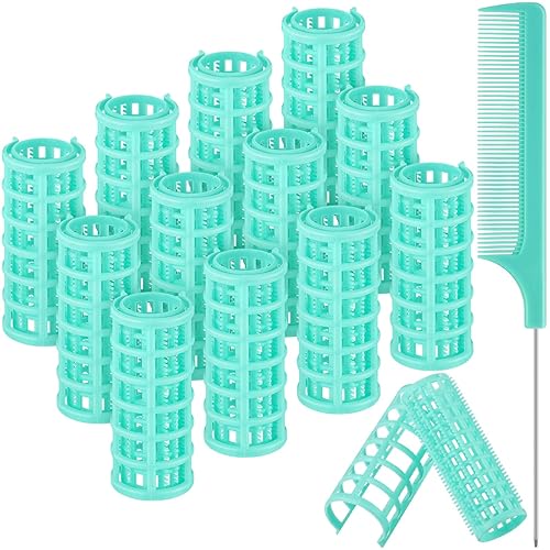 Syhood Large Plastic Snap Hair Rollers, 12 Pack with Rat Tail Comb for Long Hair, Light Green