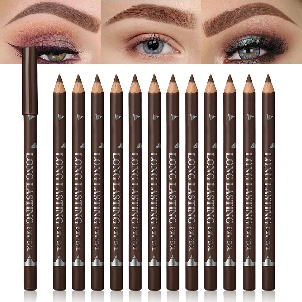 Feicuiyun 12Pcs Medium Brown Eyebrow Pencil Set - Waterproof, Beginner Friendly, Wooden Pencils