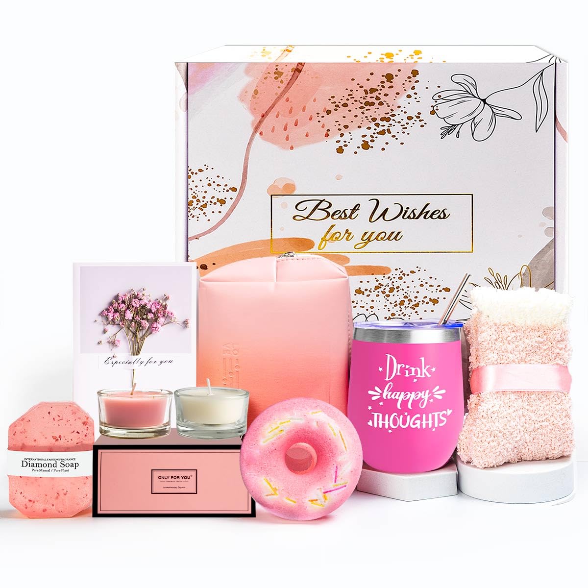 Larierour Pink Spa Gift Box Basket For Women - Birthday Gifts With Wine Tumbler & Bath Set