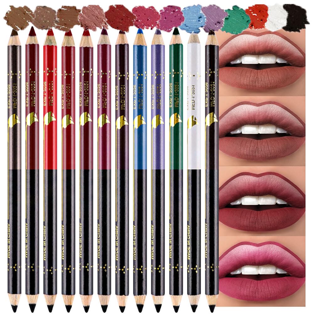 Suake 12 Pcs Waterproof Lip Liner & Eye Liner Set With Sharpener - Rich Colors For Daily Makeup