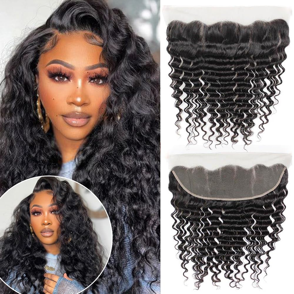 QTHAIR 10A 13x4 Deep Wave Frontal Closure 18&quot; Natural Black Brazilian Human Hair