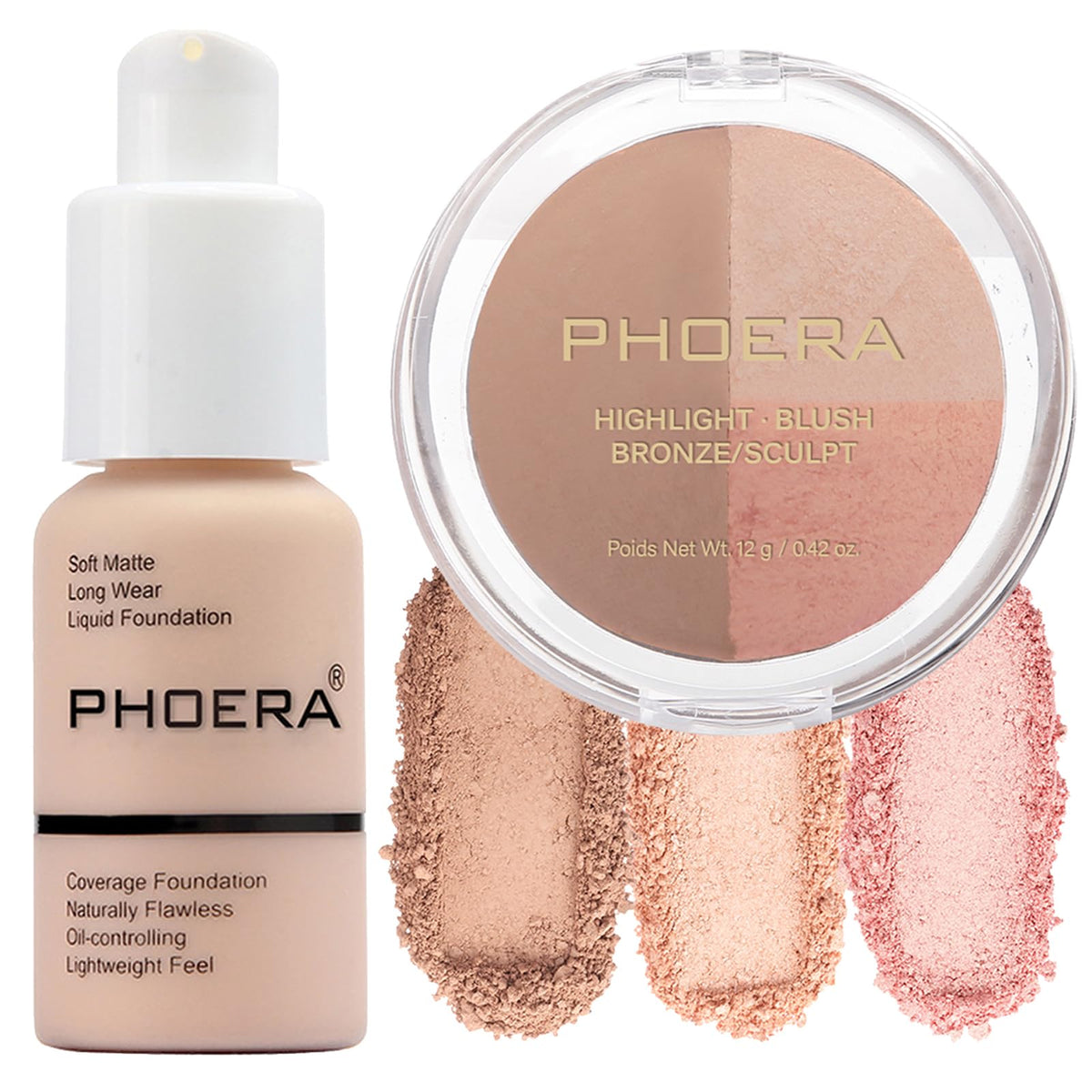 Phoera Foundation & Contour Palette With Highlighter, Bronzer & Blush - Lightweight Long Lasting