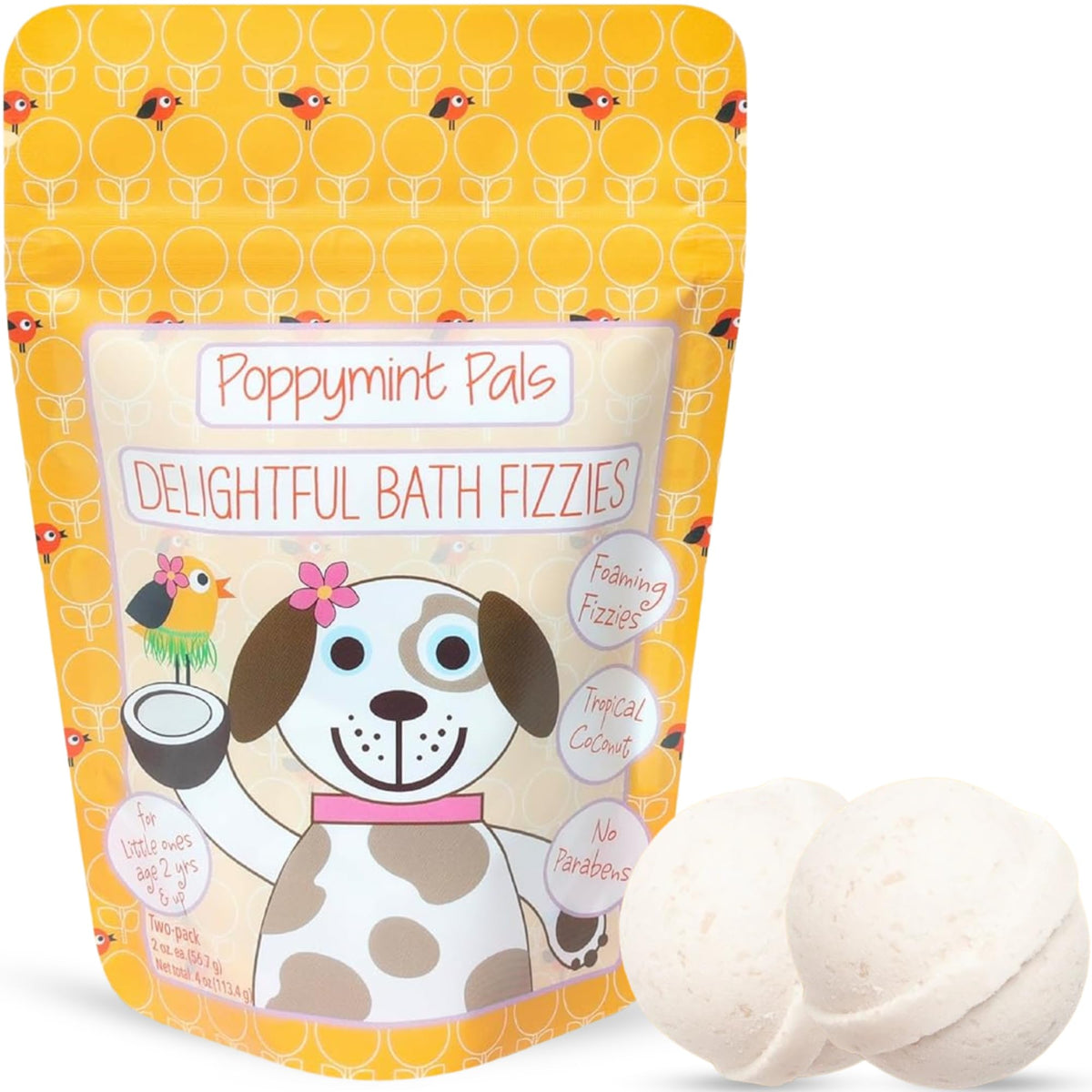 Laki Naturals Poppymint Pals Bath Fizzies - Tropical Coconut, Epsom Salt, Phthalate-Free,