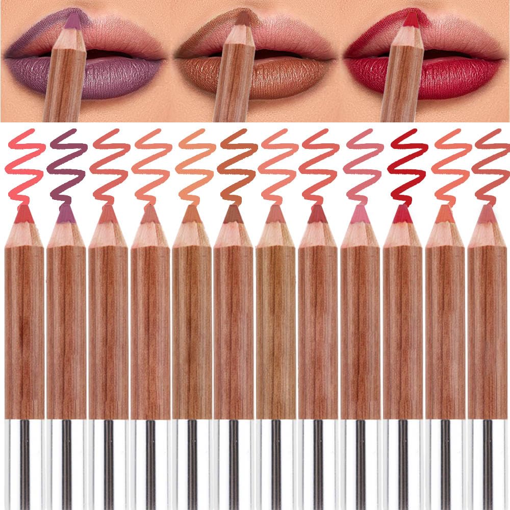 Amy'S Diary 12 Pcs Lip Liner Pencil Set - Hydrating, Long Lasting, Rich Pigmented Red & Brown