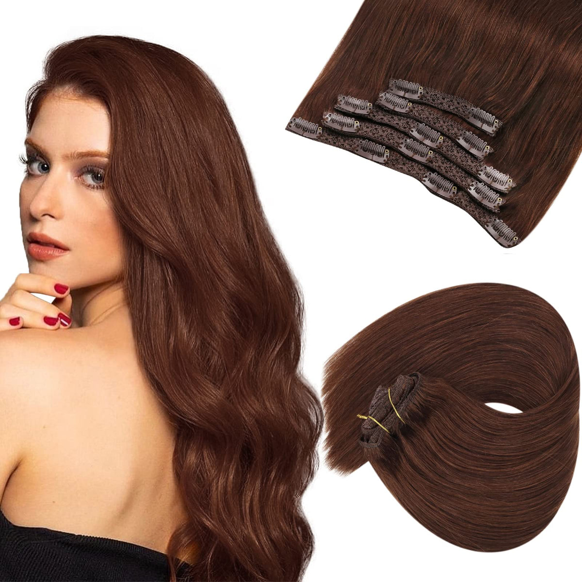 VeSunny 12&quot; Auburn Brown Clip in Human Hair Extensions - 100% Remy, 5Pcs, 70G