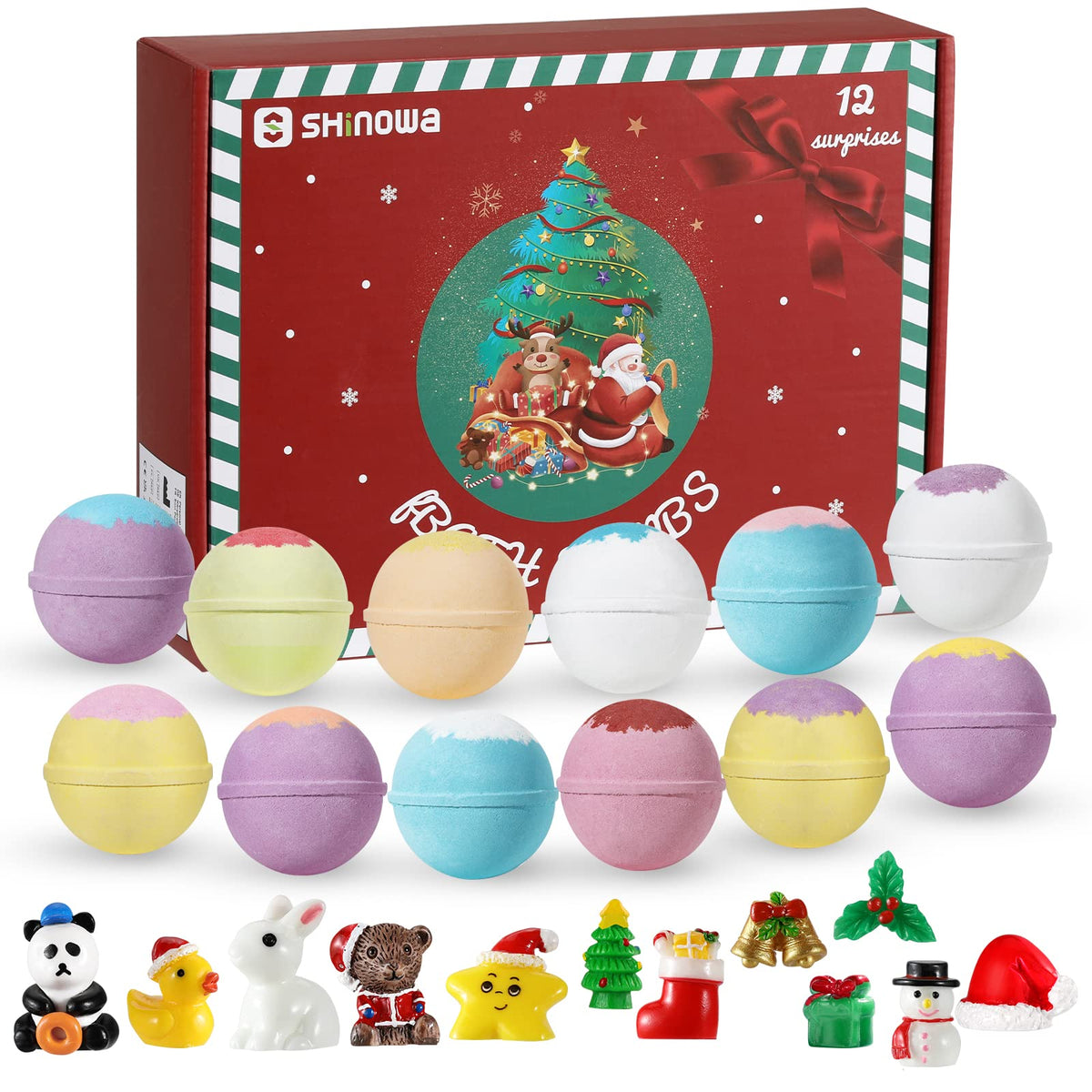 Shinowa 12 Pack Bath Bombs With Toys, Organic Fizzy Balls Gift Set For Kids, Christmas Fun