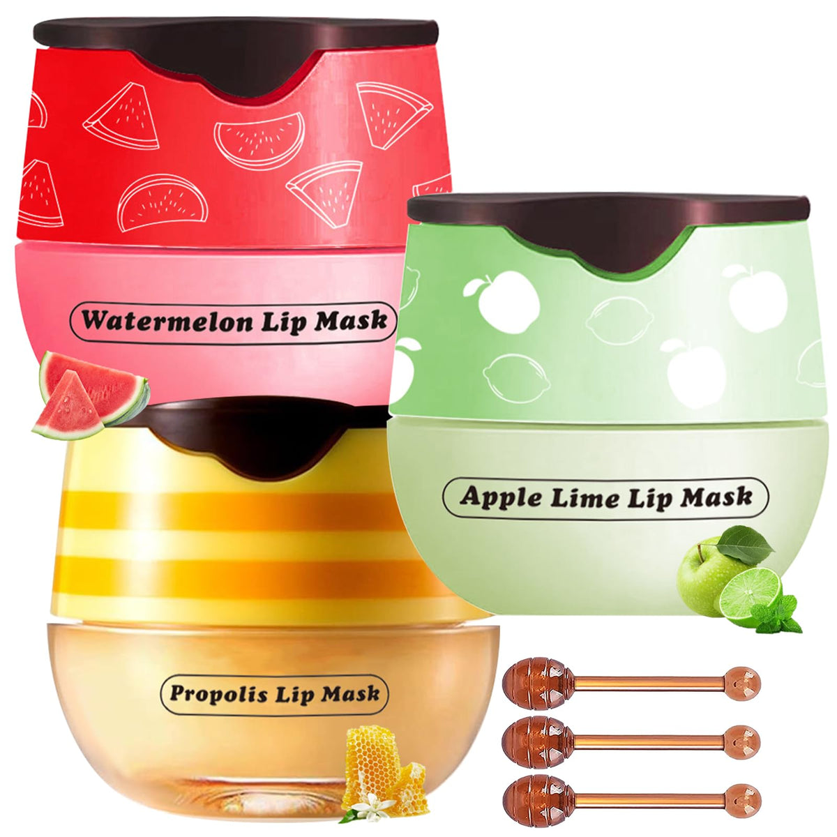 Qawnfy 3 Pcs Lip Balm Set - Honey, Apple Lime & Watermelon, Moisturizing Propolis Mask