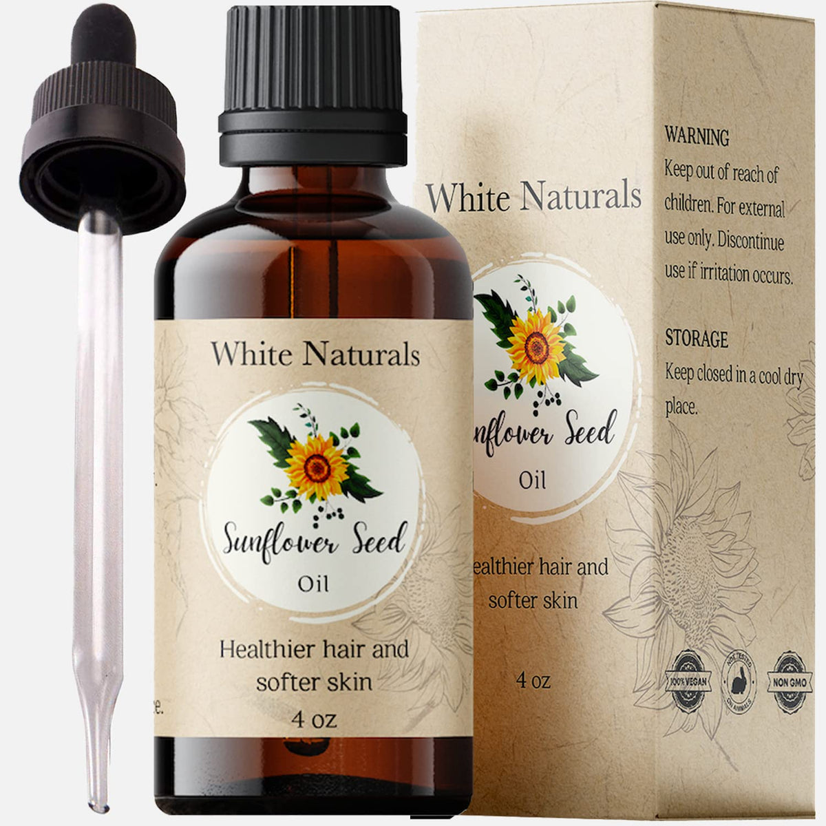 White Naturals Organic Sunflower Seed Oil - Cold-Pressed Moisturizing Oil for Skin & Hair, 4 fl oz