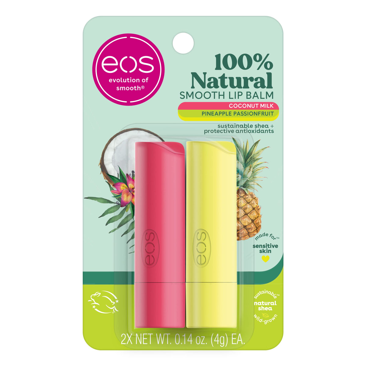 Eos Natural Lip Balm Coconut Milk & Pineapple Passionfruit - 2 Pack, 0.14 Oz All-Day Moisture