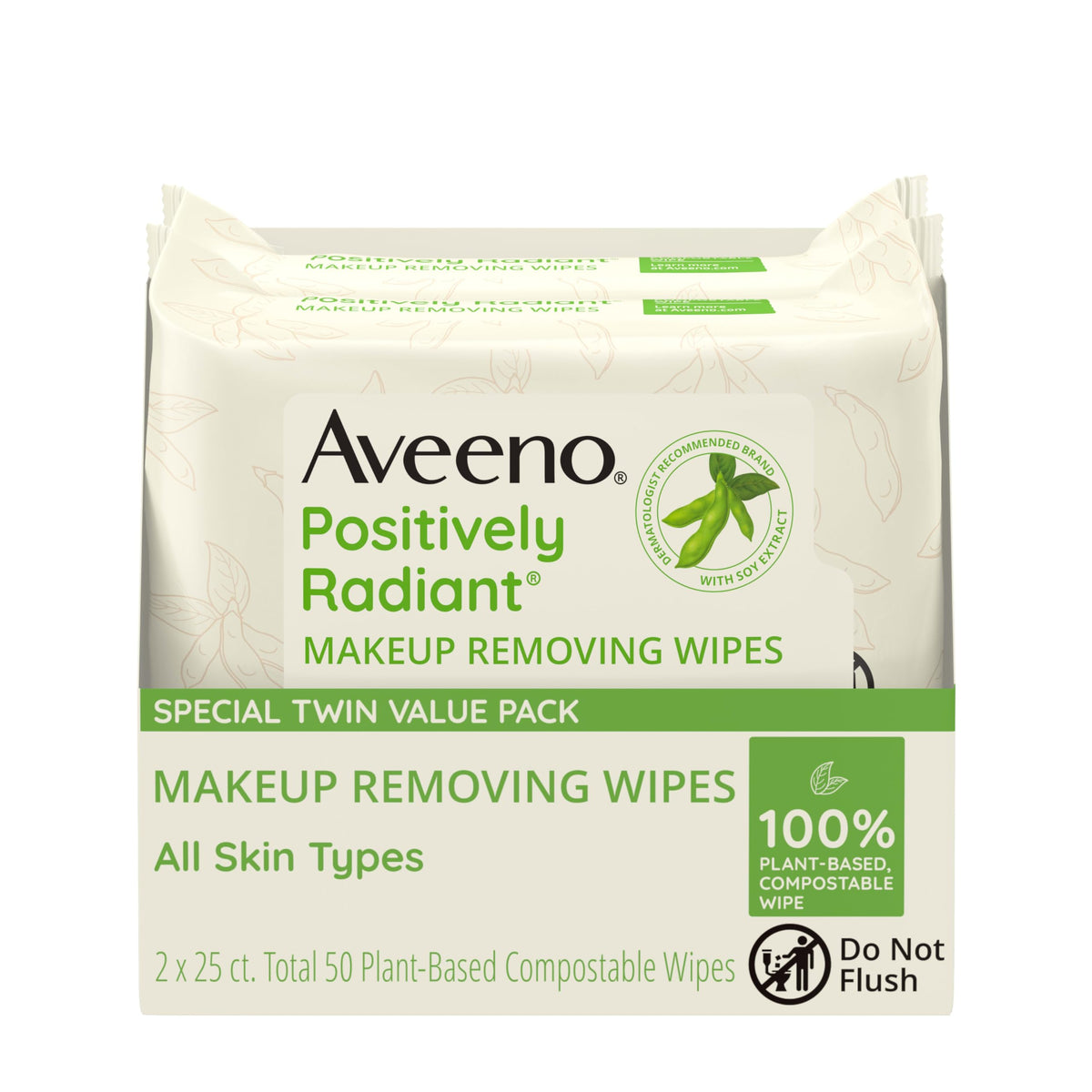 Aveeno Positively Radiant Makeup Removing Wipes, Alcohol-Free, 50 Count, Plant-Based, Non-Comedogenic