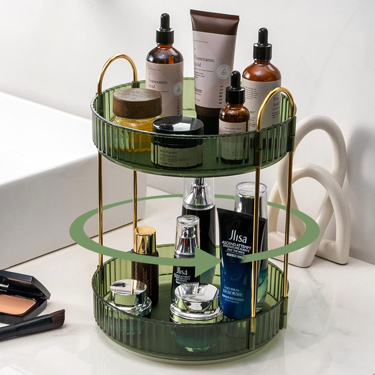 shuang qing 2 Tier Rotating Makeup Organizer - Gem Green Clear Cosmetic Storage & Perfume Holder