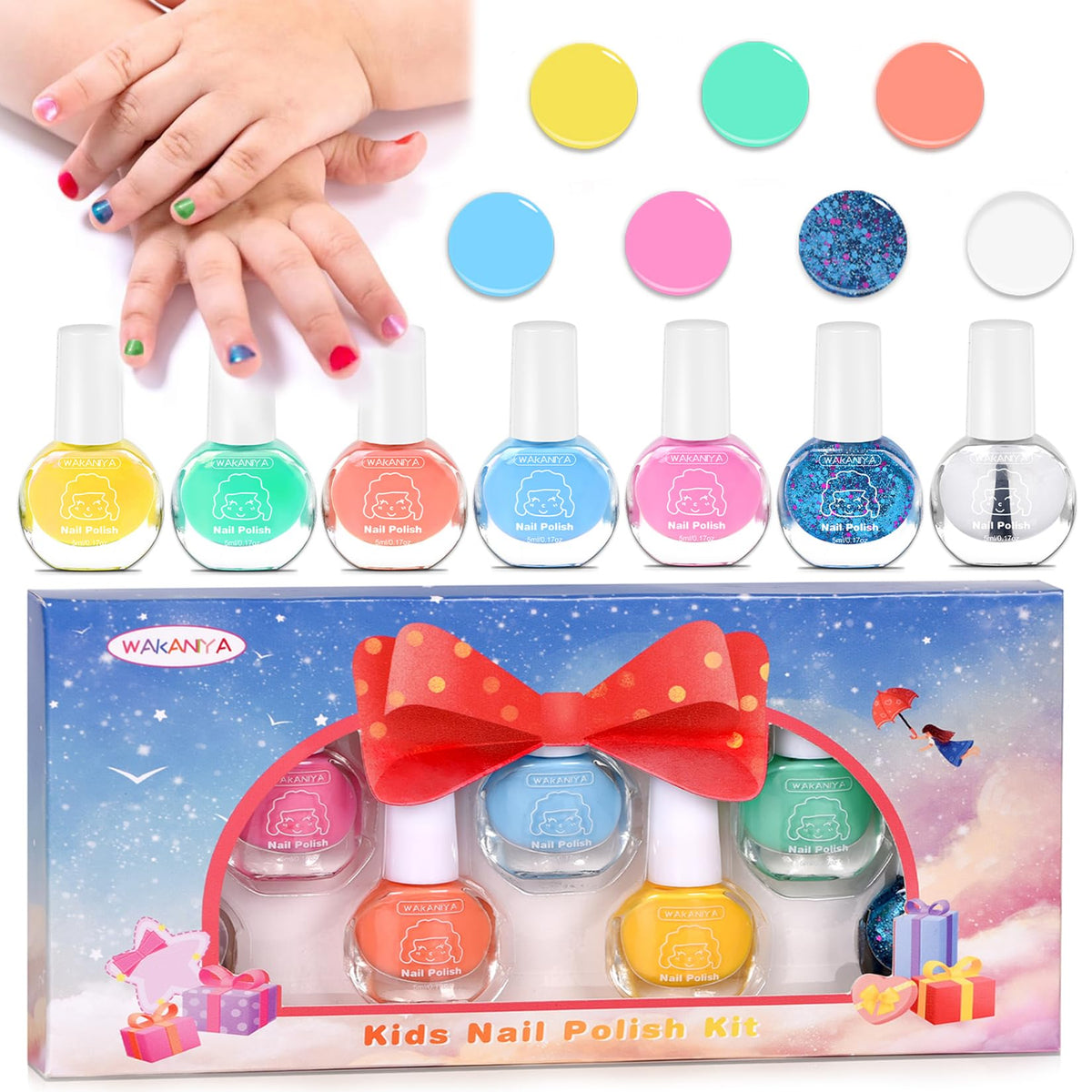 Wakaniya Kids Nail Polish Set - 7 Non-Toxic, Water-Based, Quick Dry Colors For Ages 3+