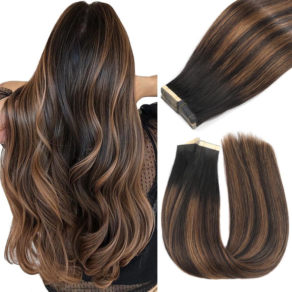 Yddm 14&quot; Tape In Hair Extensions - 20Pcs Human Hair Balayage Natural Black To Chestnut Brown