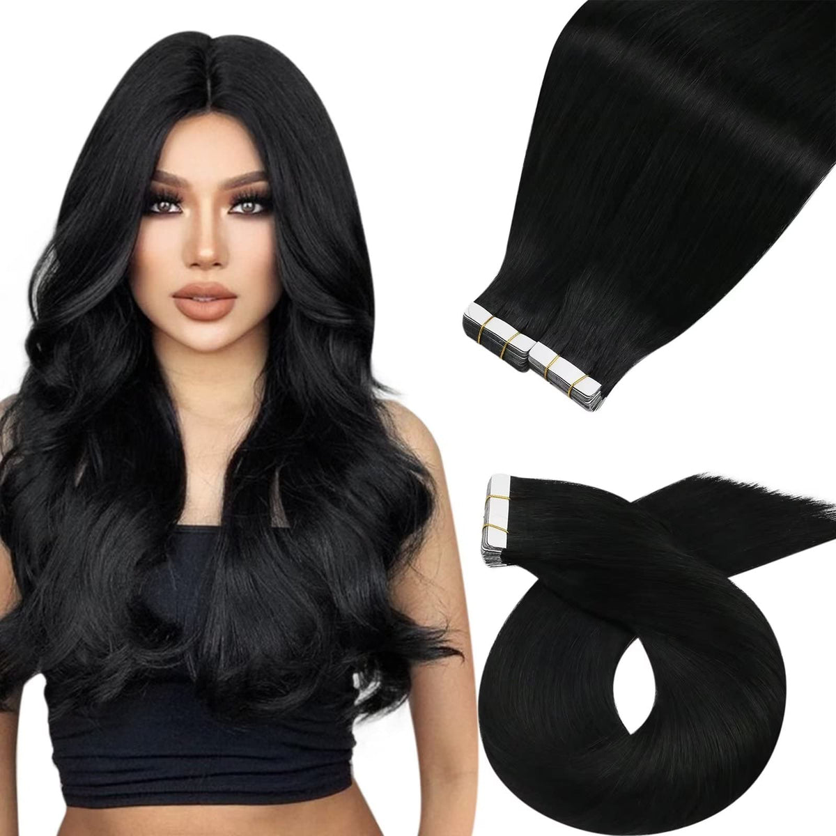 Moresoo 20&quot; Jet Black Tape in Hair Extensions - 100g Real Human Hair, Silky Straight, 40pcs