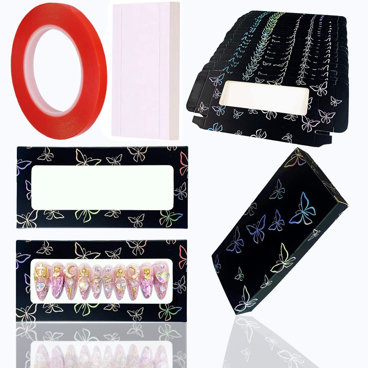 Hlqhxwhzt 35 Pcs Black Empty Press On Nails Packaging Box Set With Background Papers & Tape