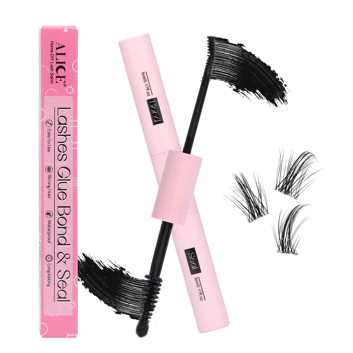 ALICE Lash Bond & Seal - Waterproof Cluster Lashes Glue for DIY Eyelash Extensions, Black 5ml×2