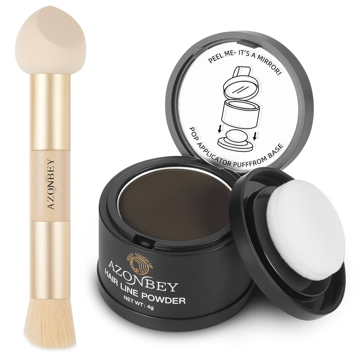 Azonbey Root Touch Up Sets - Dark Brown Hairline Powder & Brush, Water & Sweat Resistant, 2.18 Oz