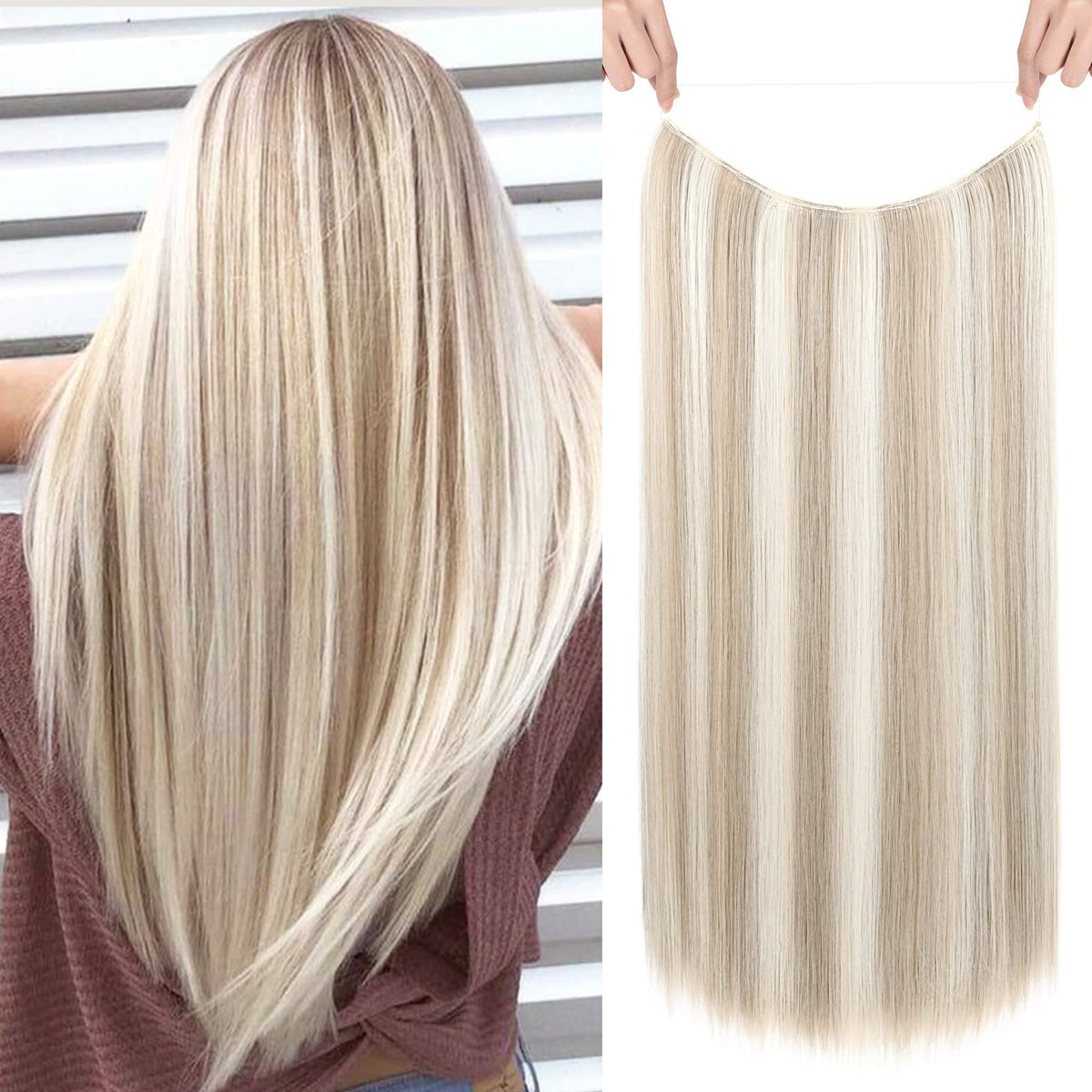 REECHO 24&quot; Invisible Wire Hair Extensions, Ash Brown with Platinum Highlights, Adjustable Clips