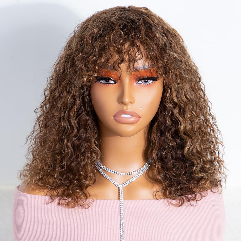 Joedir Hair 14&quot; Short Curly Wig With Bangs, Highlight Brown Human Hair Glueless Water Wave