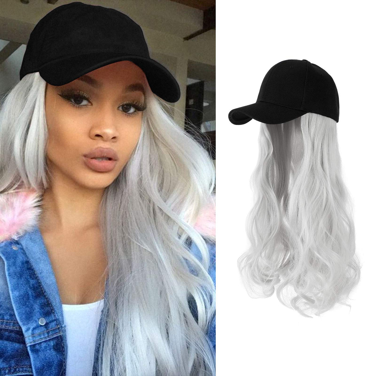 Aynnqueen Silver Gray Baseball Cap With 24&quot; Wavy Hair Extensions For Women