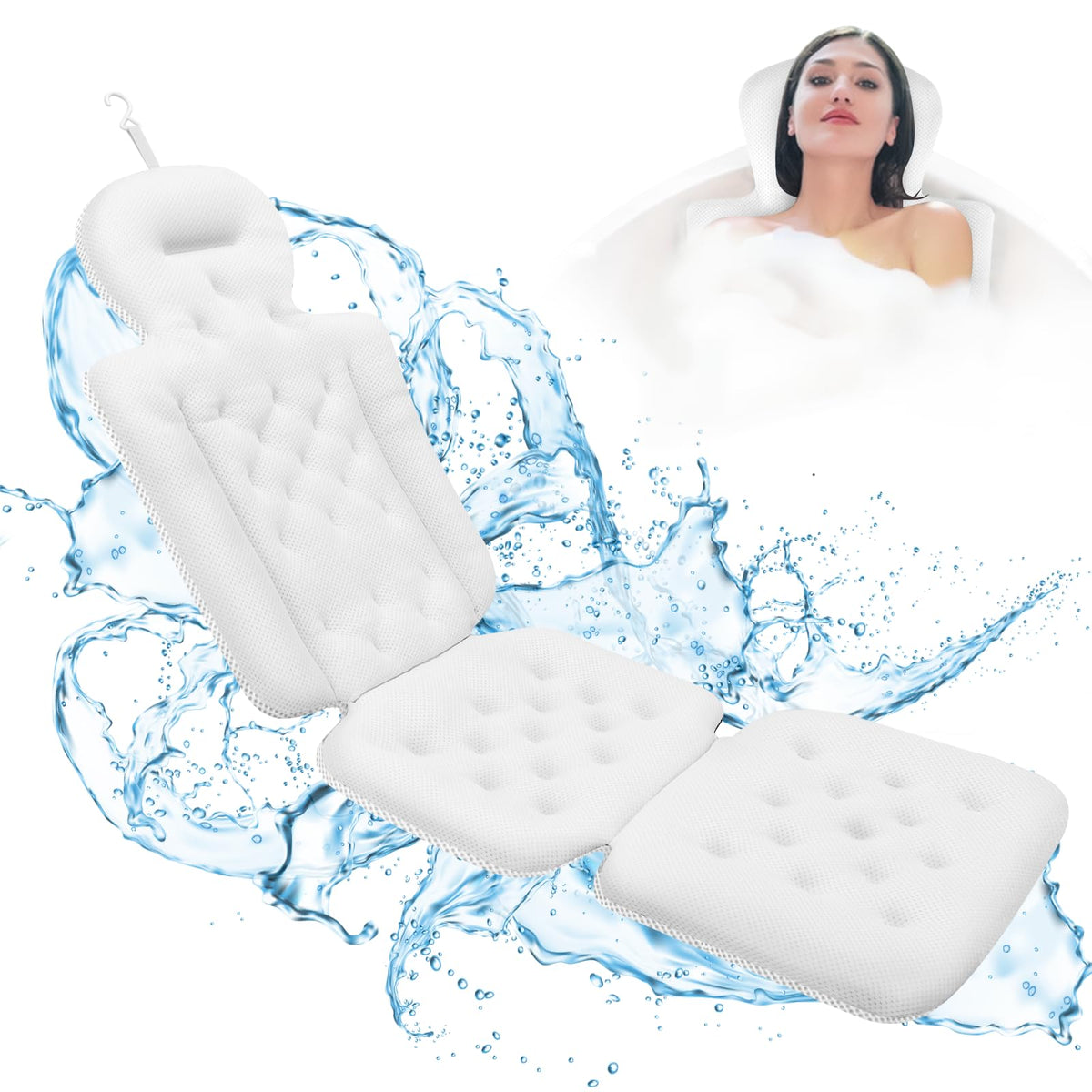 Feiae Full Body Bath Pillow With Non-Slip Suction Cups, Luxury Support For Neck & Back, White