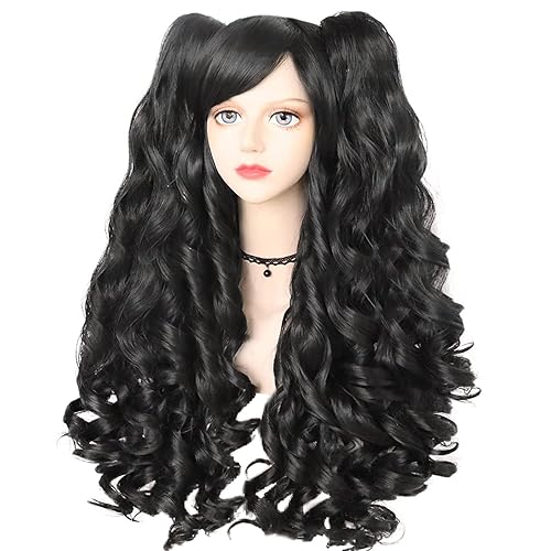 Anogol Black Cosplay Wig with Clip-on Ponytails, Long Curly Wigs with Bangs for Women