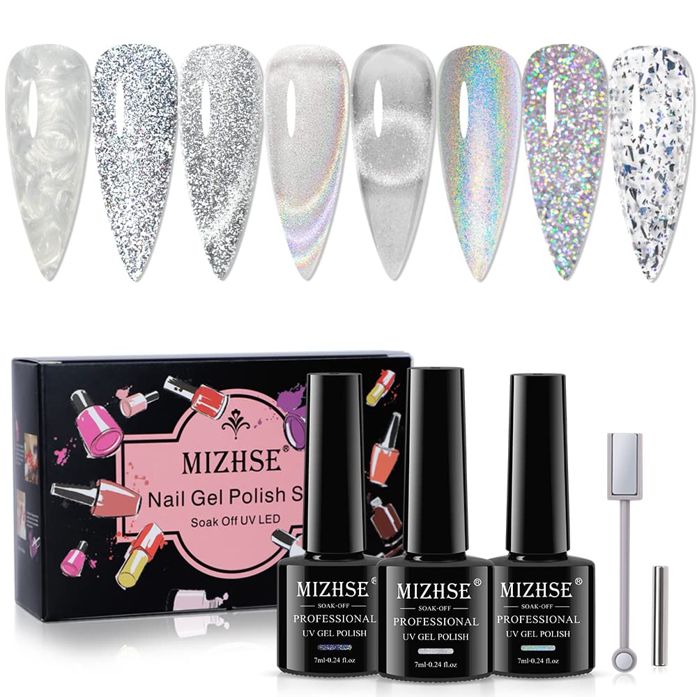 Mizhse 8 Pcs Silver Glitter Gel Nail Polish Set, Holographic Cat Eye & Shimmer Reflective