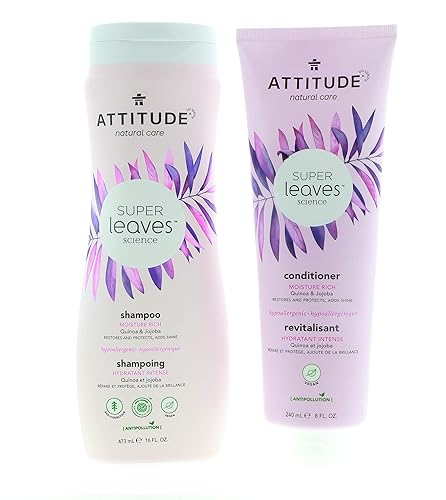 Attitude Super Leaves Moisture Rich Shampoo & Conditioner Bundle, Quinoa & Vitamins, 16+8 Fl Oz