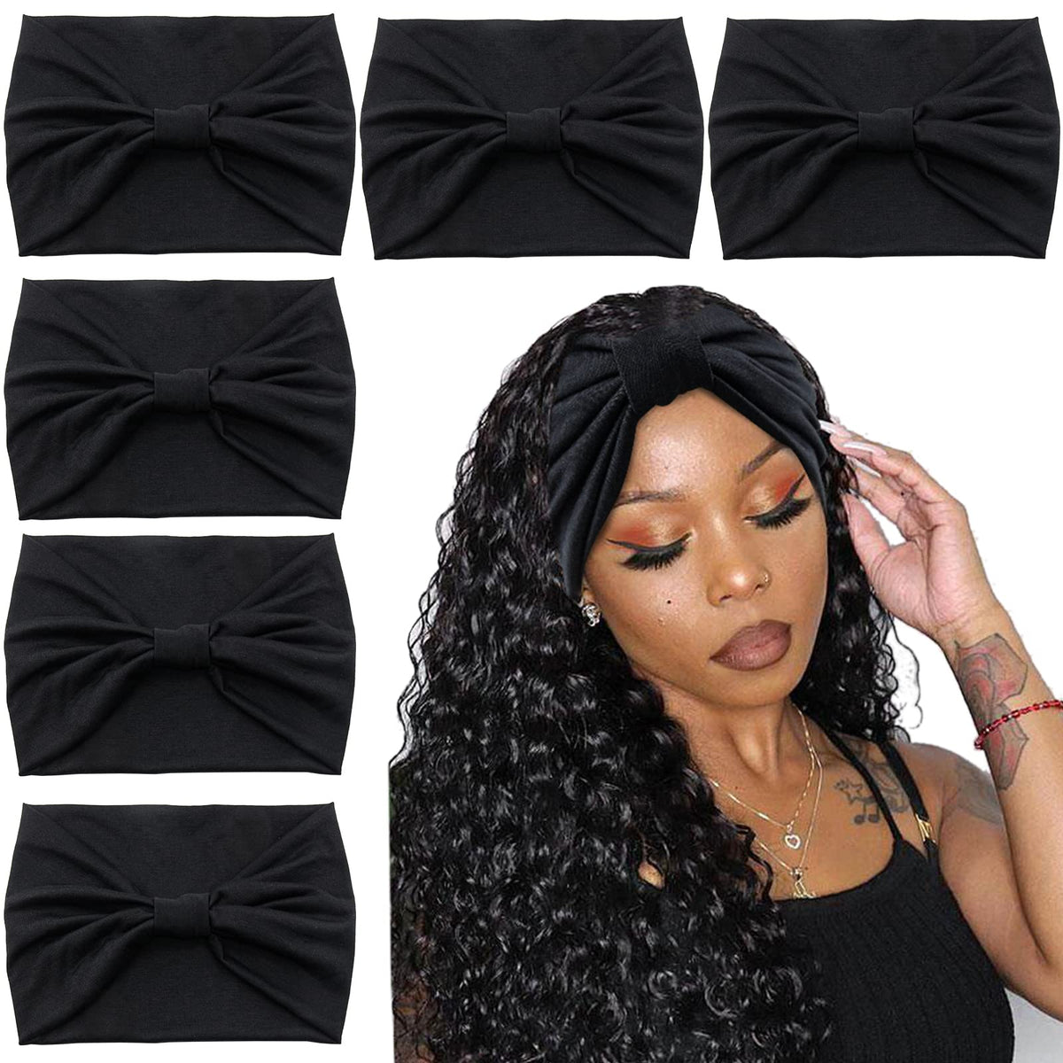 Yeshan Black Wide Headbands For Women Turban Knotted Headbands For Lady Boho Thick Head Wraps Hairbands Large African Sport Yoga