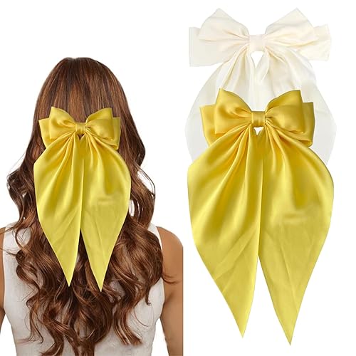 SALOCY Yellow Satin Hair Bows for Women & Girls - Big Long Tail Clips, 2 Pack Hair Accessories