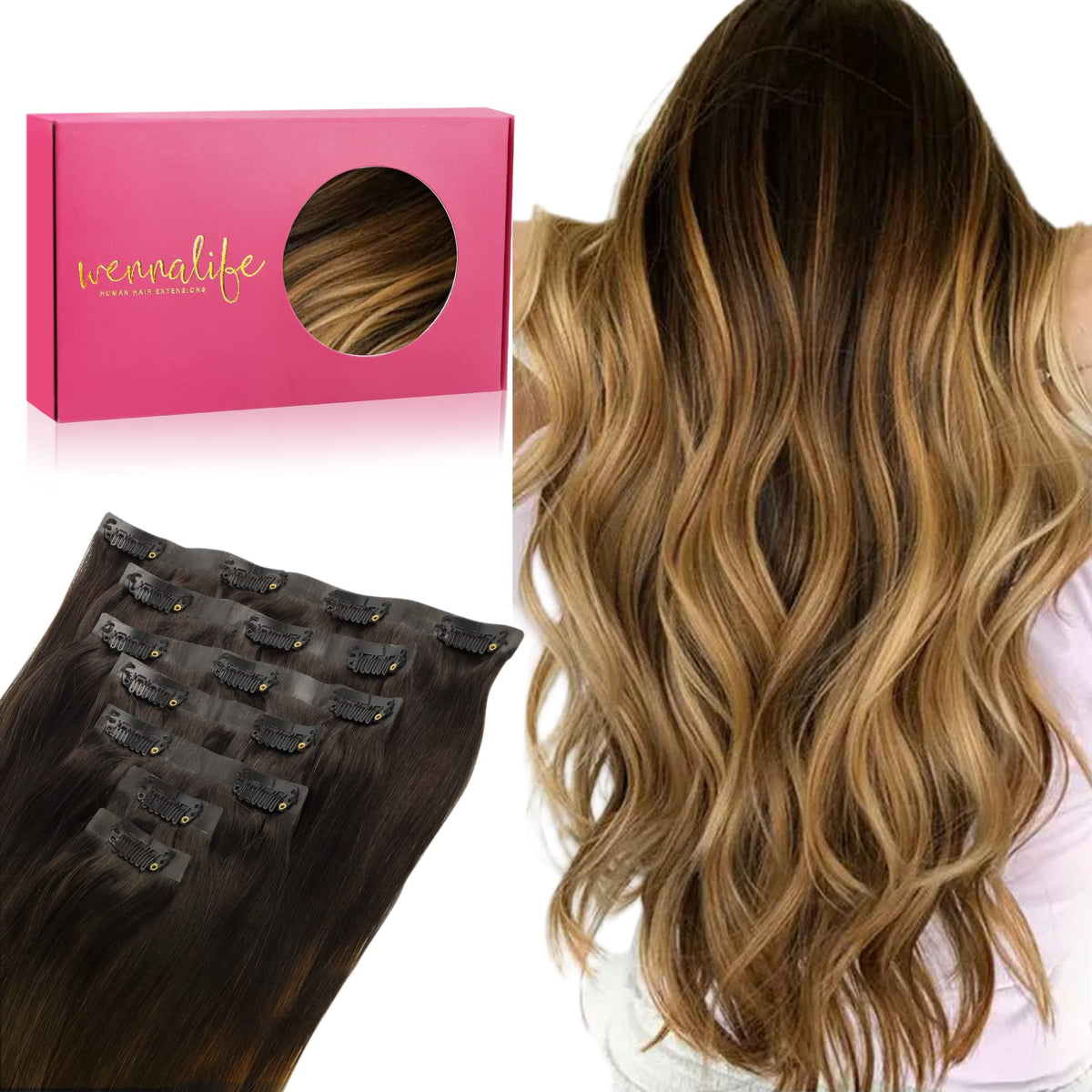 WENNALIFE 24&quot; Seamless Clip In Hair Extensions - 160g Human Hair, Dark Brown to Blonde