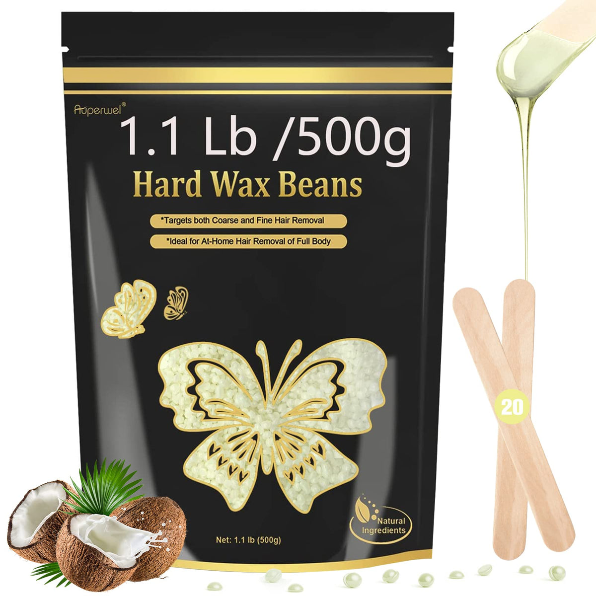 Auperwel Coconut Wax Beads for Hair Removal - 1.1LB Painless Hard Wax with 20 Spatulas