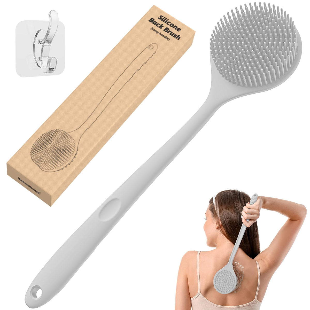 Manmihealth Silicone Back Scrubber - 15&quot; Long Handle Exfoliating Shower Brush, White