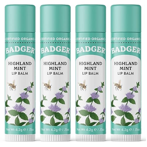 Badger Classic Lip Balm Highland Mint - Organic, Moisturizing, 0.15 Oz (Pack Of 4)