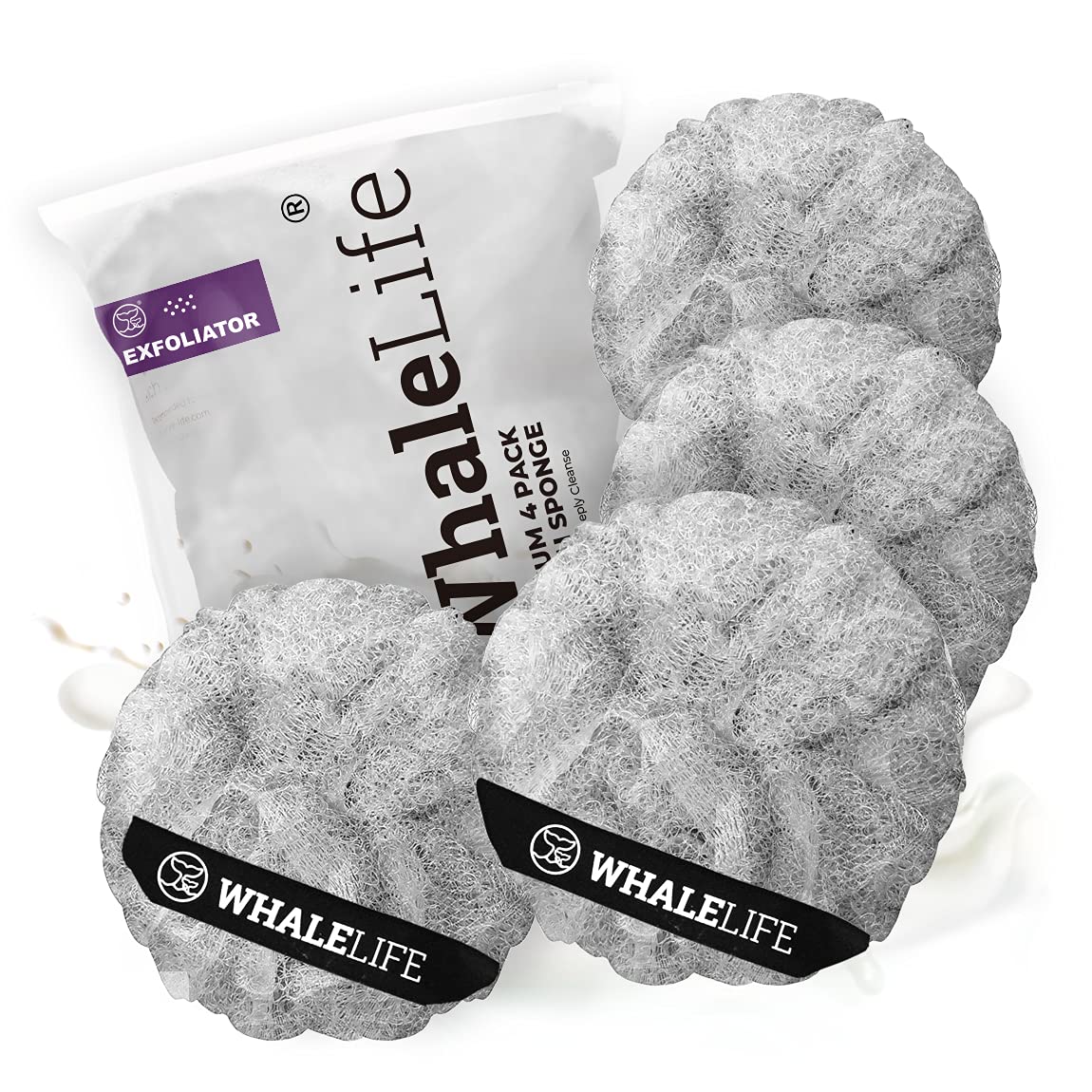 Whalelife Loofah Sponge Bath Sponge - 4 Pack, Light Gray, Rough Surface For Men & Women