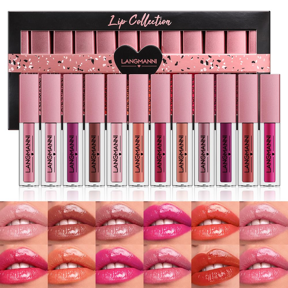 Dulele 12Pcs Liquid Lipstick Set, Moisturizing Pigmented Gloss, Longwear Rose Lip Tint