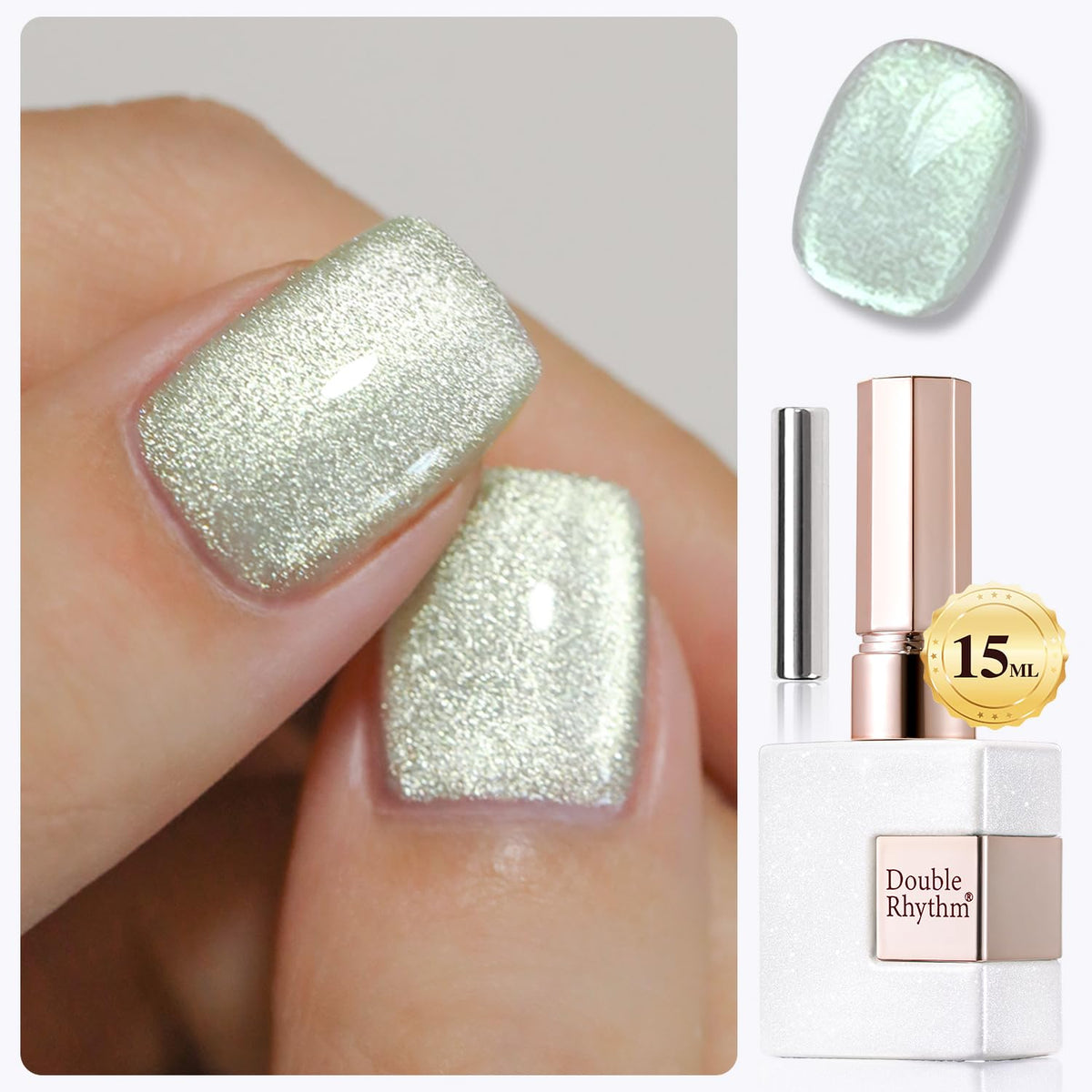 Double Rhythm Ice Green Cat Eye Gel Polish 15Ml - Holographic Glitter Soak Off Nail Art