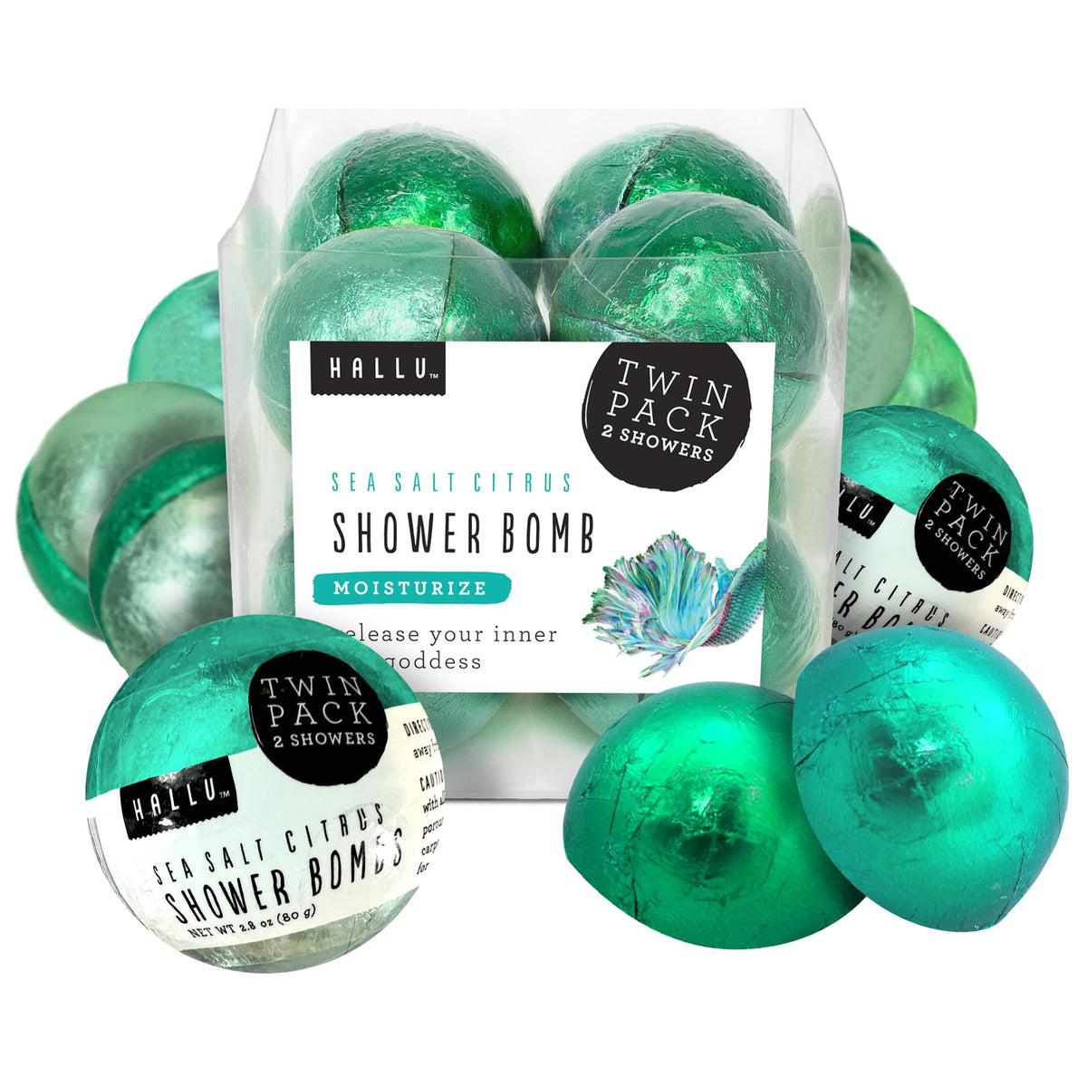 Hallu Mermaid Shower Bombs - Sea Salt Citrus Scent, 16 Total, Aqua Blue Shower Steamers