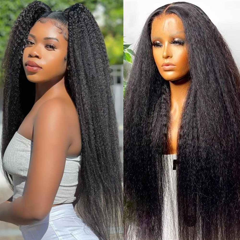 Alidiamond 26&quot; Kinky Straight Human Hair Wig 13X4 Lace Front, 180 Density Yaki For Black Women