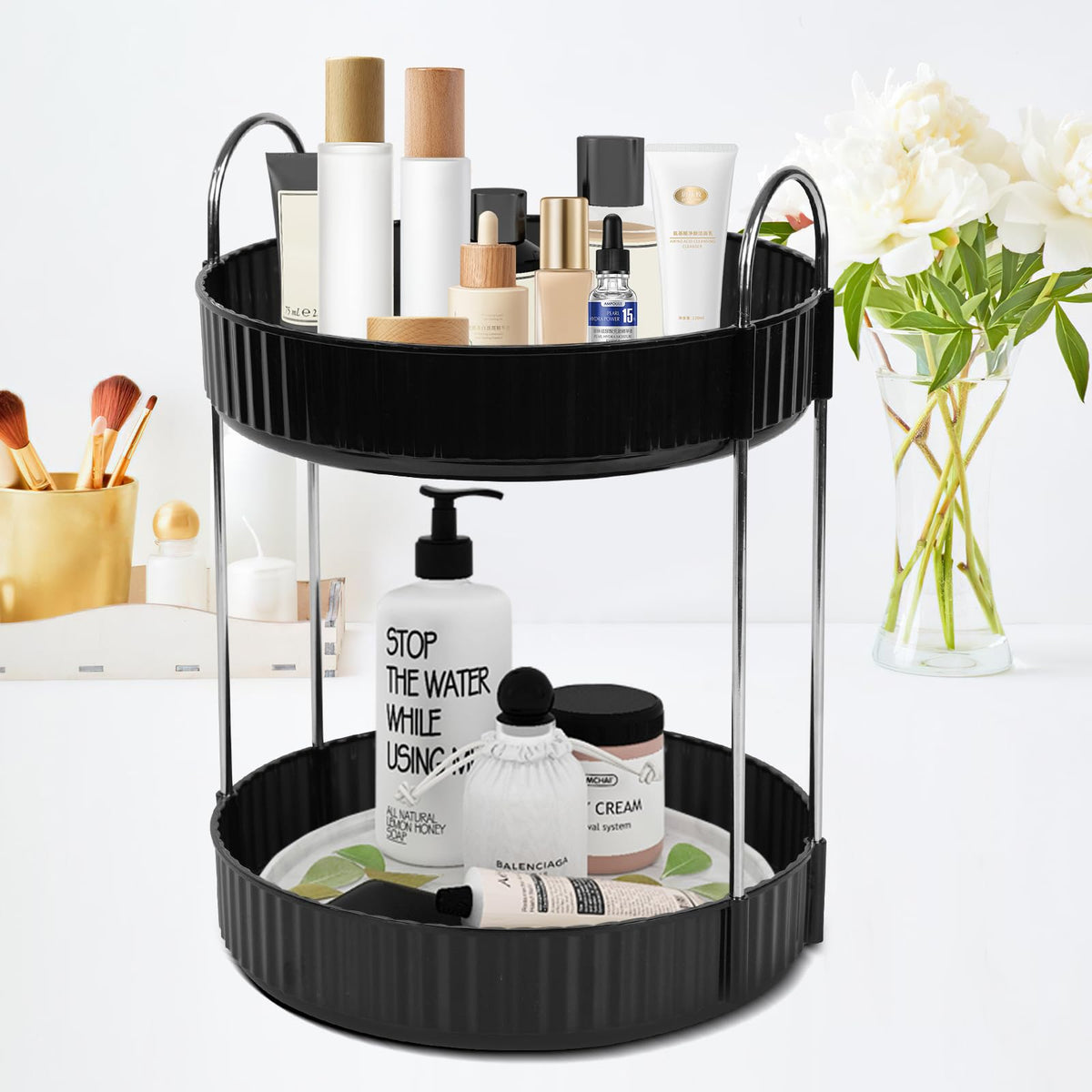 Zufudo 2 Tier Rotating Makeup Organizer - Black Lazy Susan For Skincare & Perfume Storage