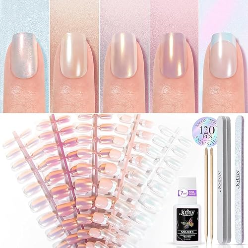 Jofay Fashion Press On Nails Set A, 120Pcs Short Acrylic Glossy Fake Nails With French Designs