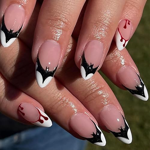 IMSOHOT Halloween Bat Press on Nails, White French Tips, Medium Almond, 24Pcs Acrylic Full Cover