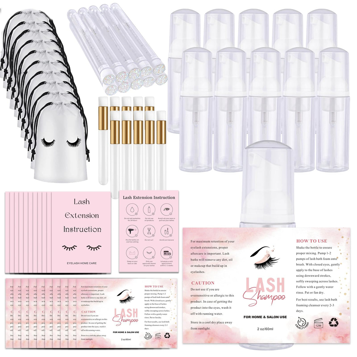 Nailslowee 60Pcs Lash Shampoo Set With Bottles, Brushes, Foam Pump & Instructions - White