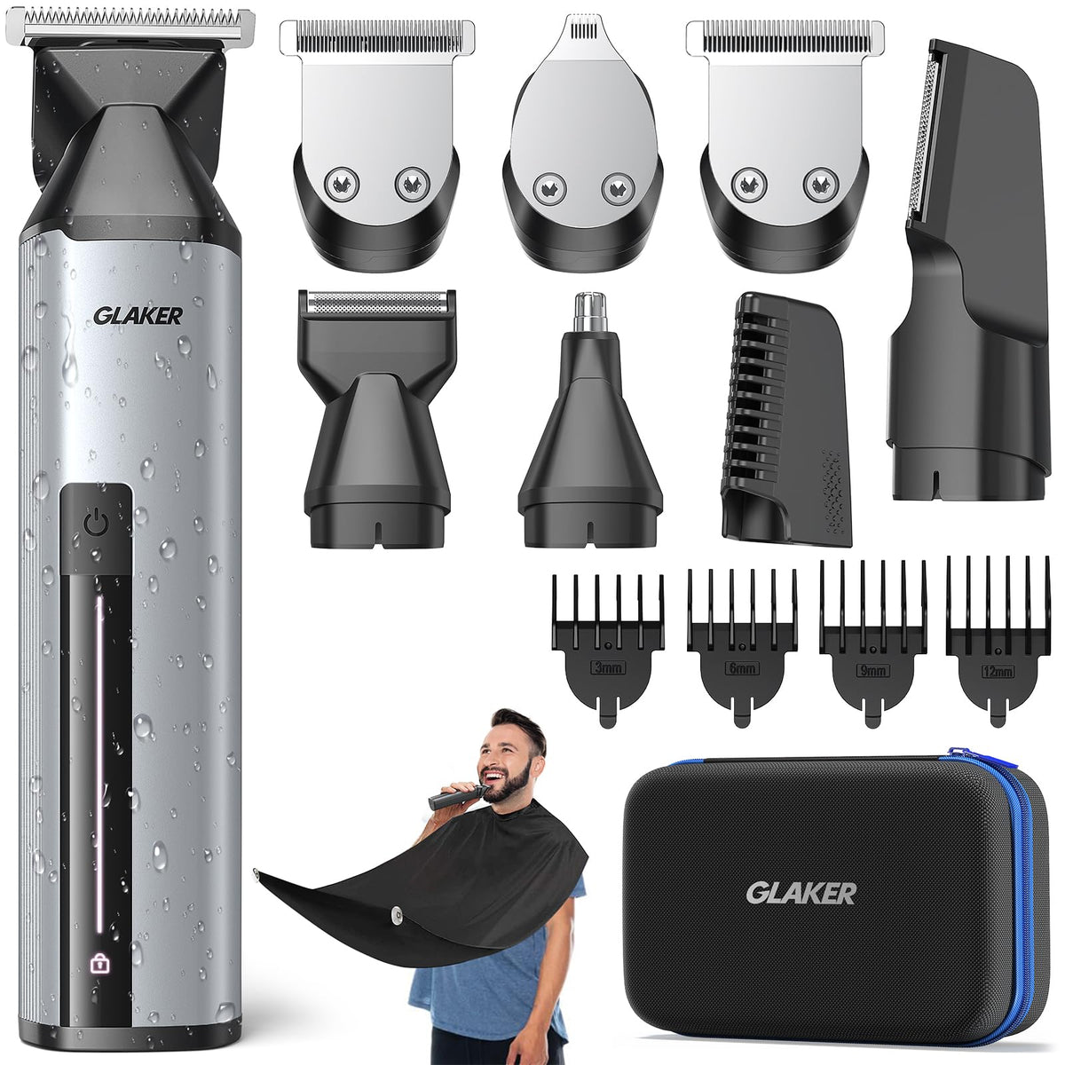 Glaker Beard Grooming Kit - All-In-One Hair Clippers, Shaving Razor & Nose Trimmer For Men