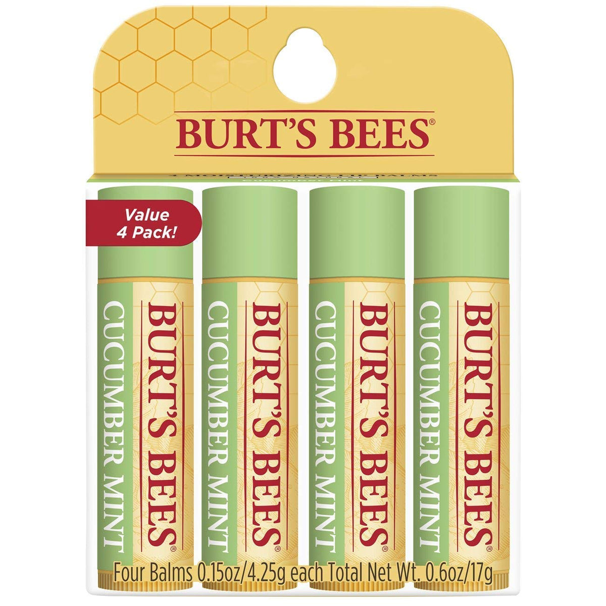 Burt'S Bees Natural Lip Balm Cucumber Mint, Beeswax, 4 Tubes, 0.15 Oz Each