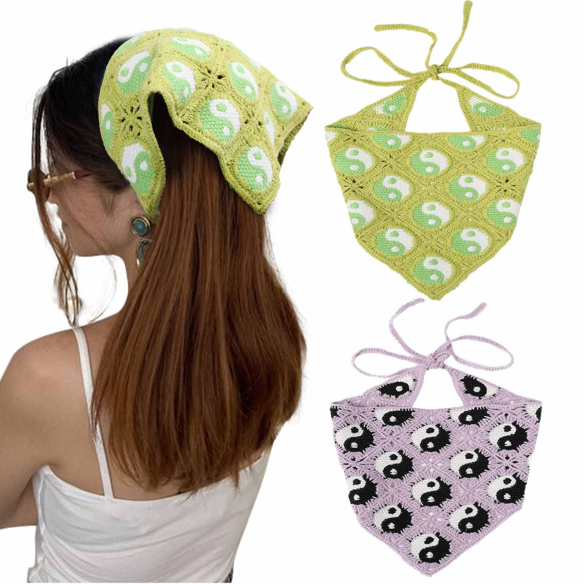 Awaytr Crochet Bandana Head Kerchief 2Pcs Floral Hair Scarves For Women (Purple+Green)