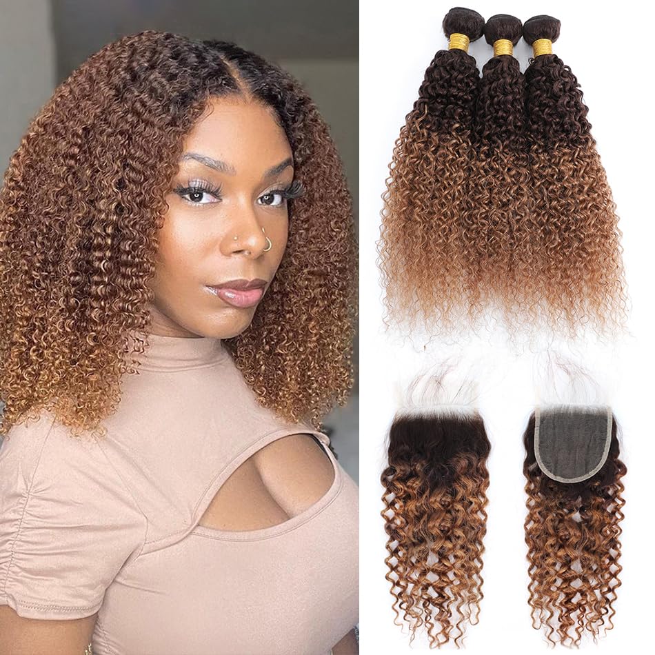 FASHION VILA 2 Tone Ombre Curly Hair Bundles with 4x4 Closure - 100% Brazilian Virgin Hair