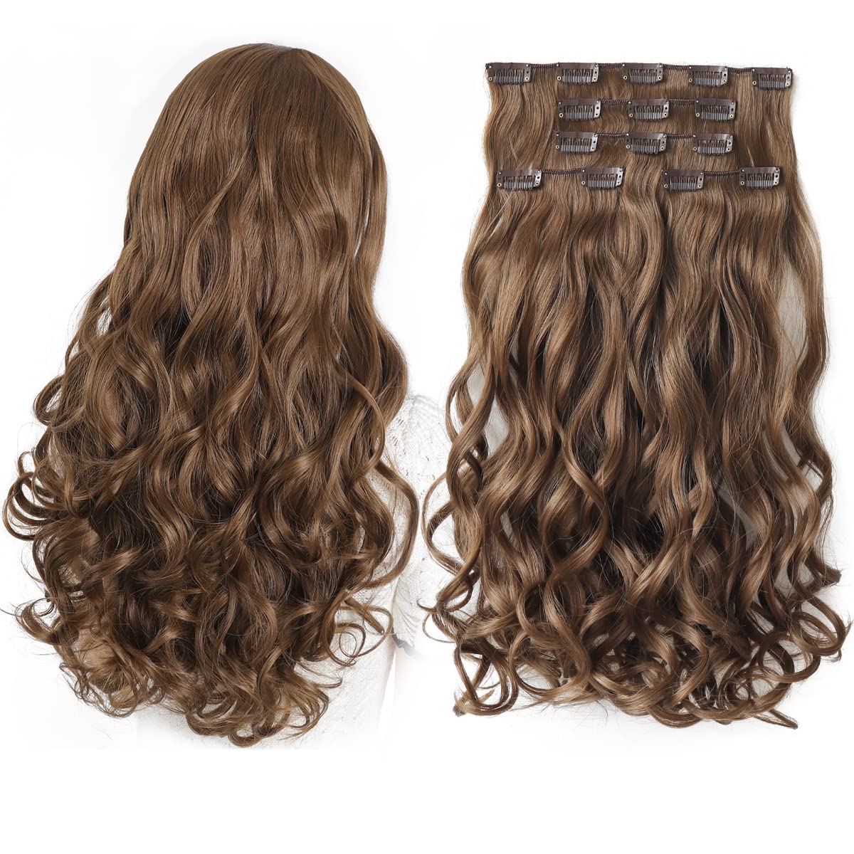 Hspjhtm 18&quot; Brown Wavy Clip-In Hair Extensions For Women - Thick Synthetic Full Head 5Pcs