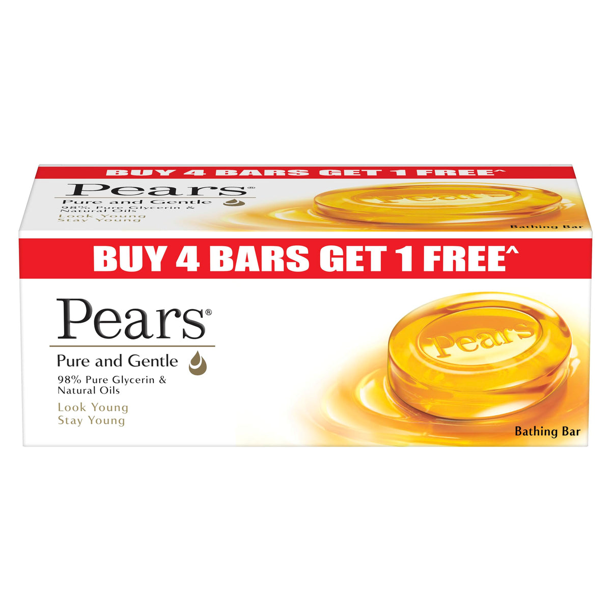 Pears Pure And Gentle Bathing Bar, 125G - Buy 4 Get 1 Free, Moisturizing Soap