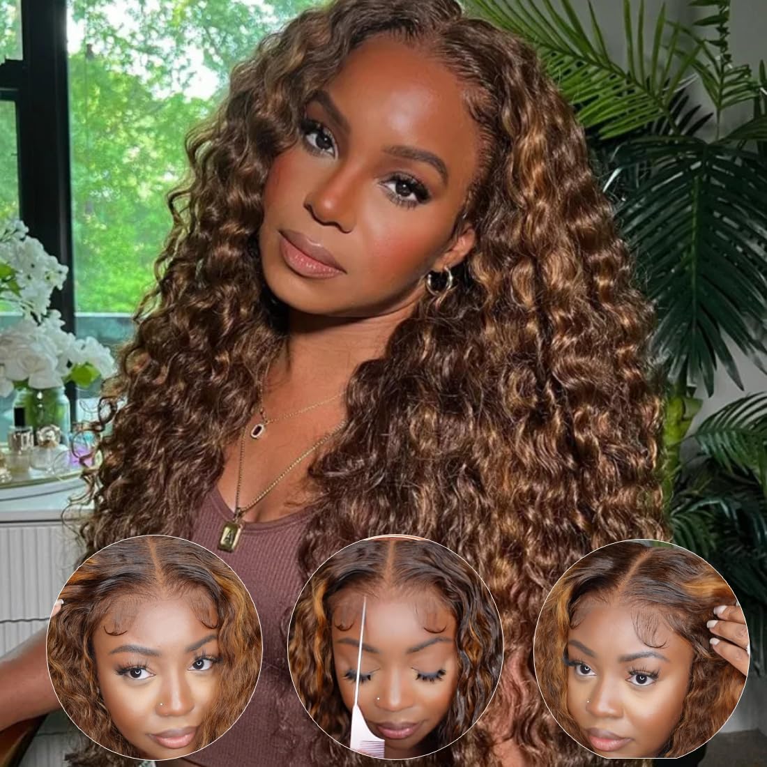 Yiroo 26&quot; Water Wave Lace Front Wig Human Hair Glueless Pre Plucked Piano Brown 180% Density